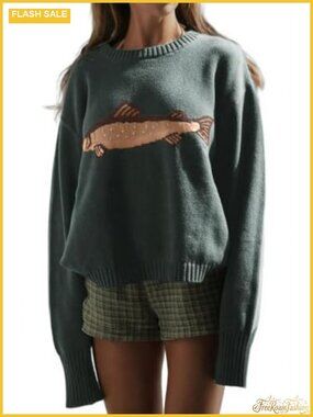 Women Rib Knit Crew Neck Graphic Oversized Pullover Sweater Jumper